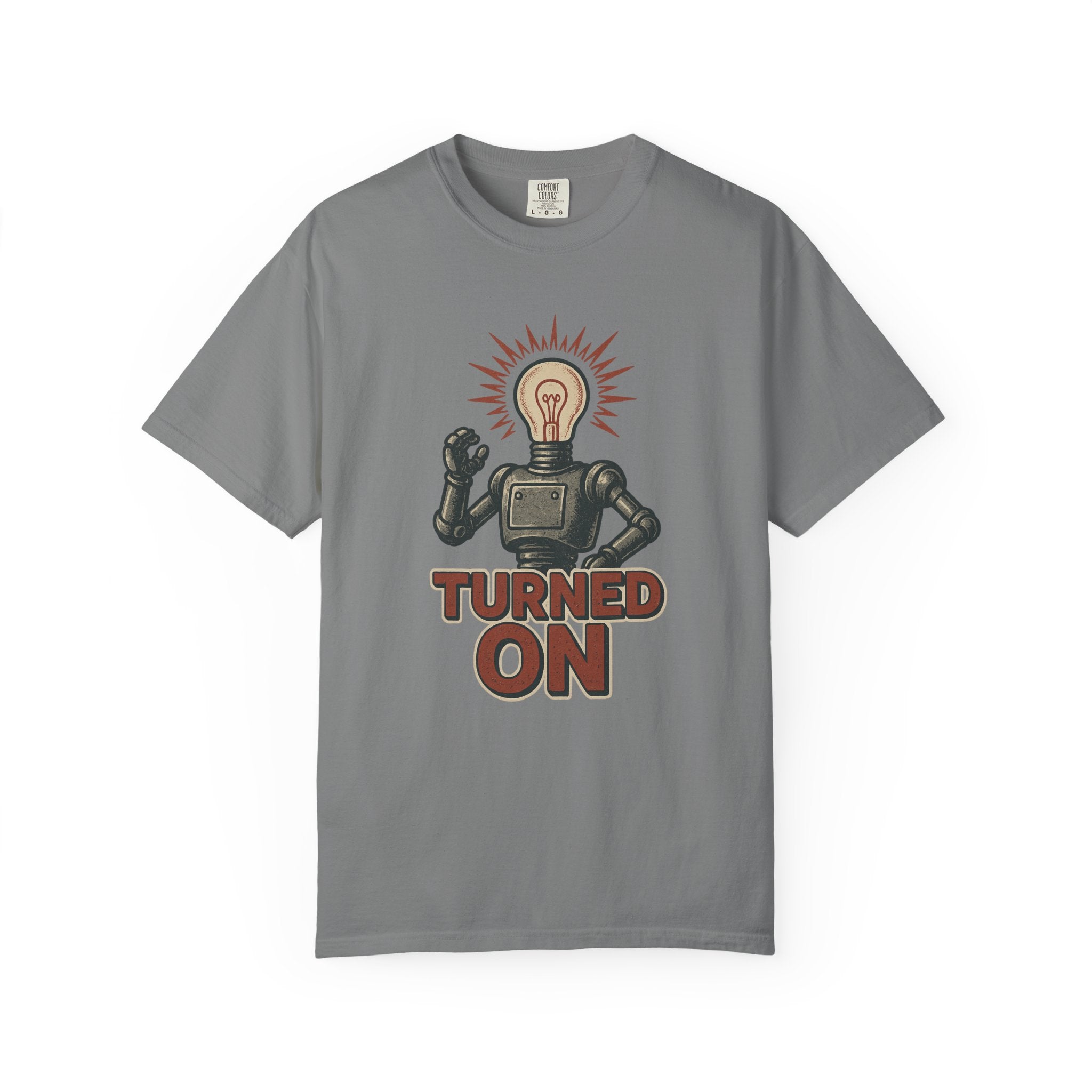Turned On Robot T-Shirt – Retro Lightbulb Head Tee with a Double Meaning