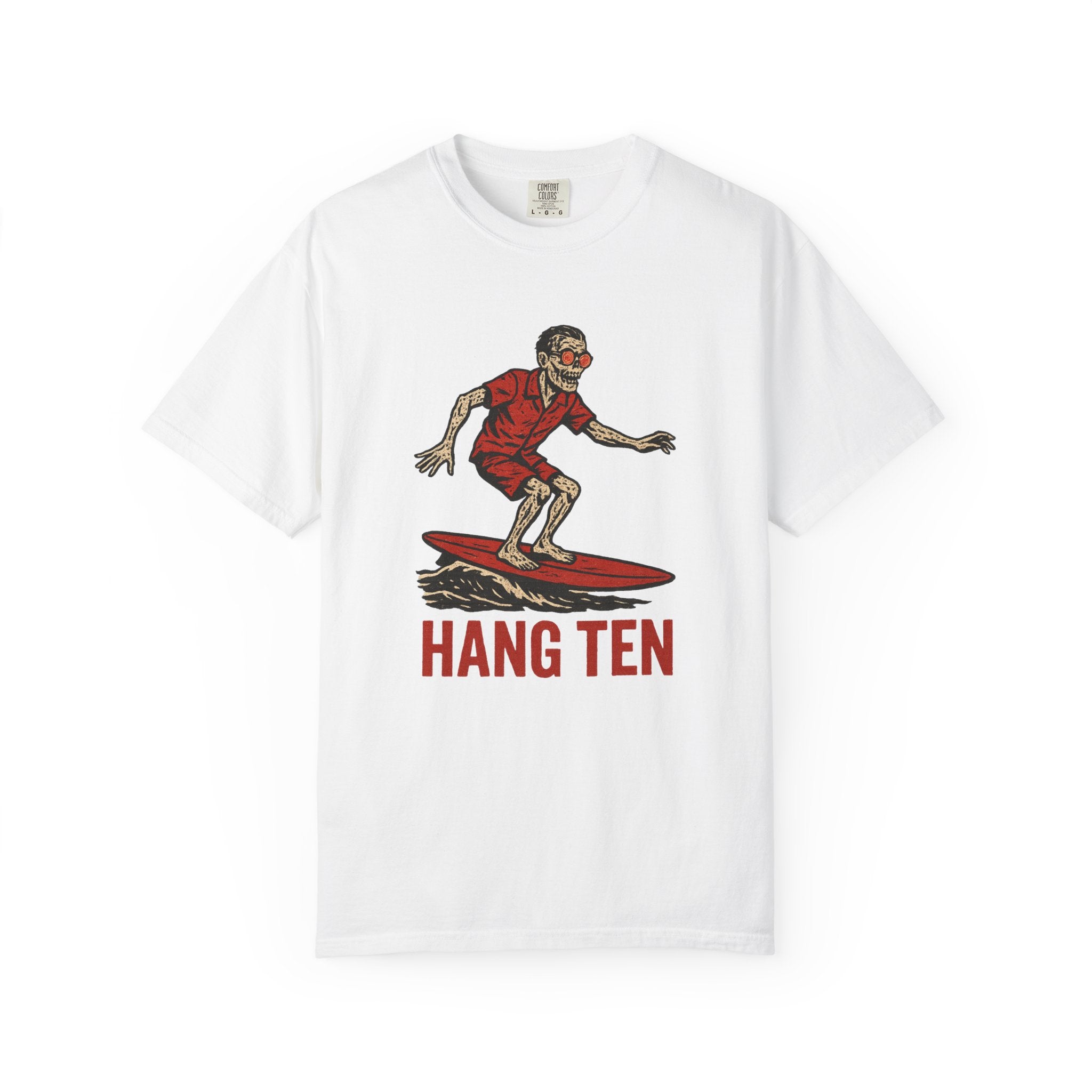 “Hang Ten” Zombie Surfer T-Shirt – Retro Undead Beachwear with Apocalyptic Chill