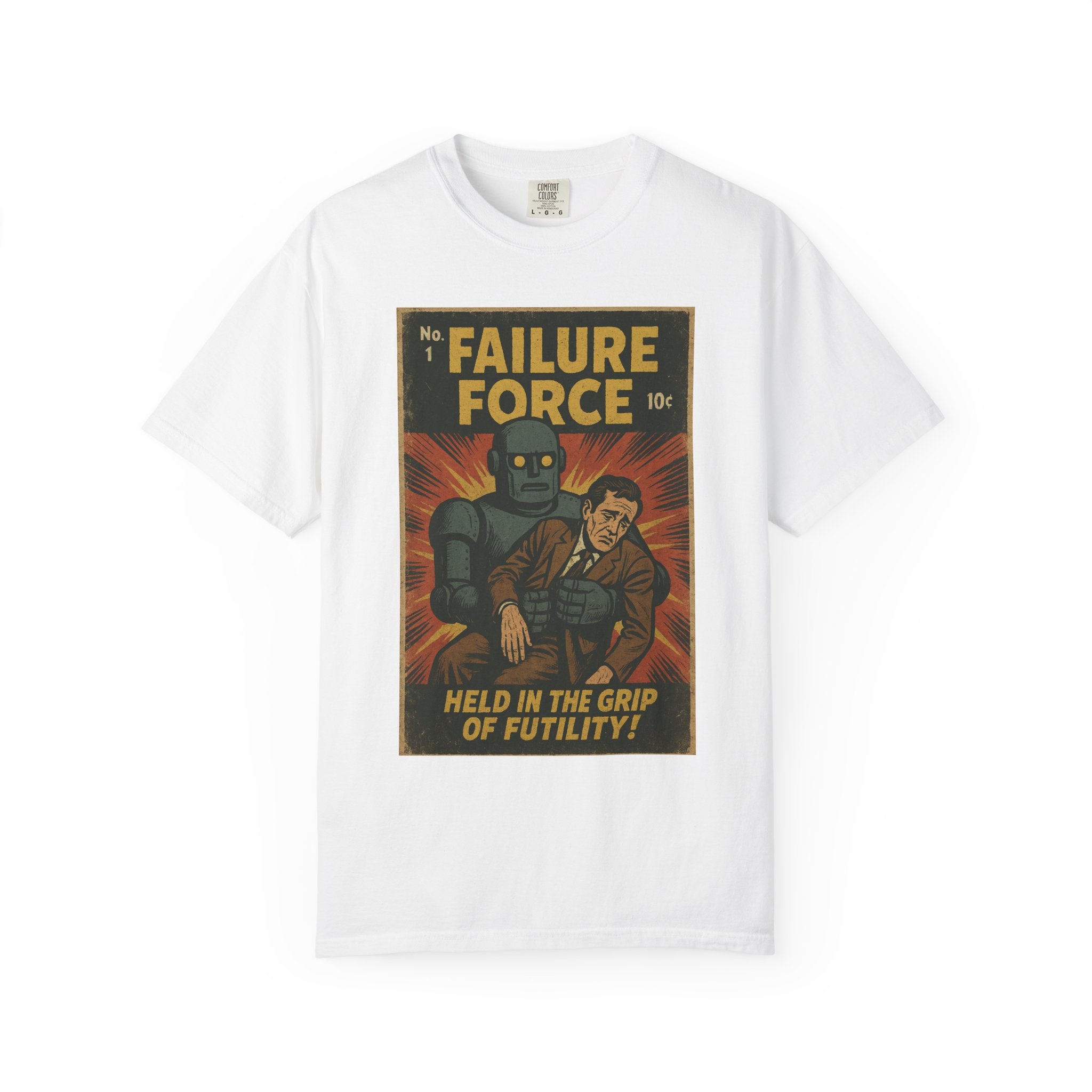 Held in the Grip of Futility! Retro Comic Tee – Vintage Robot Despair Shirt