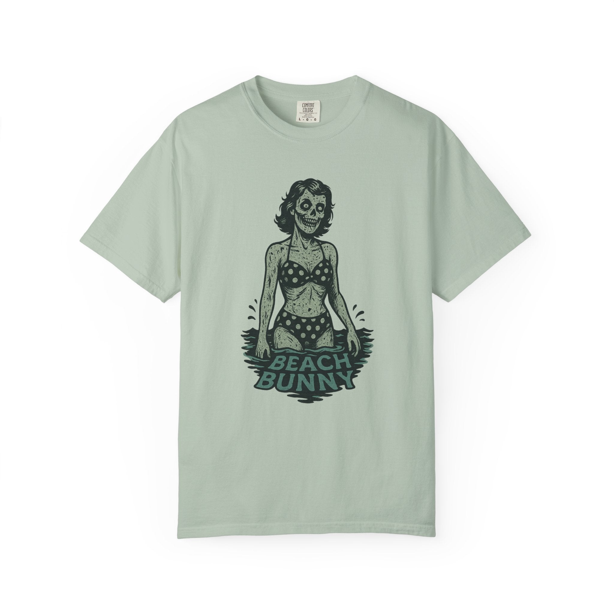 “Beach Bunny” Skeleton Swimsuit T-Shirt – Retro Pin-Up with a Deadly Twist