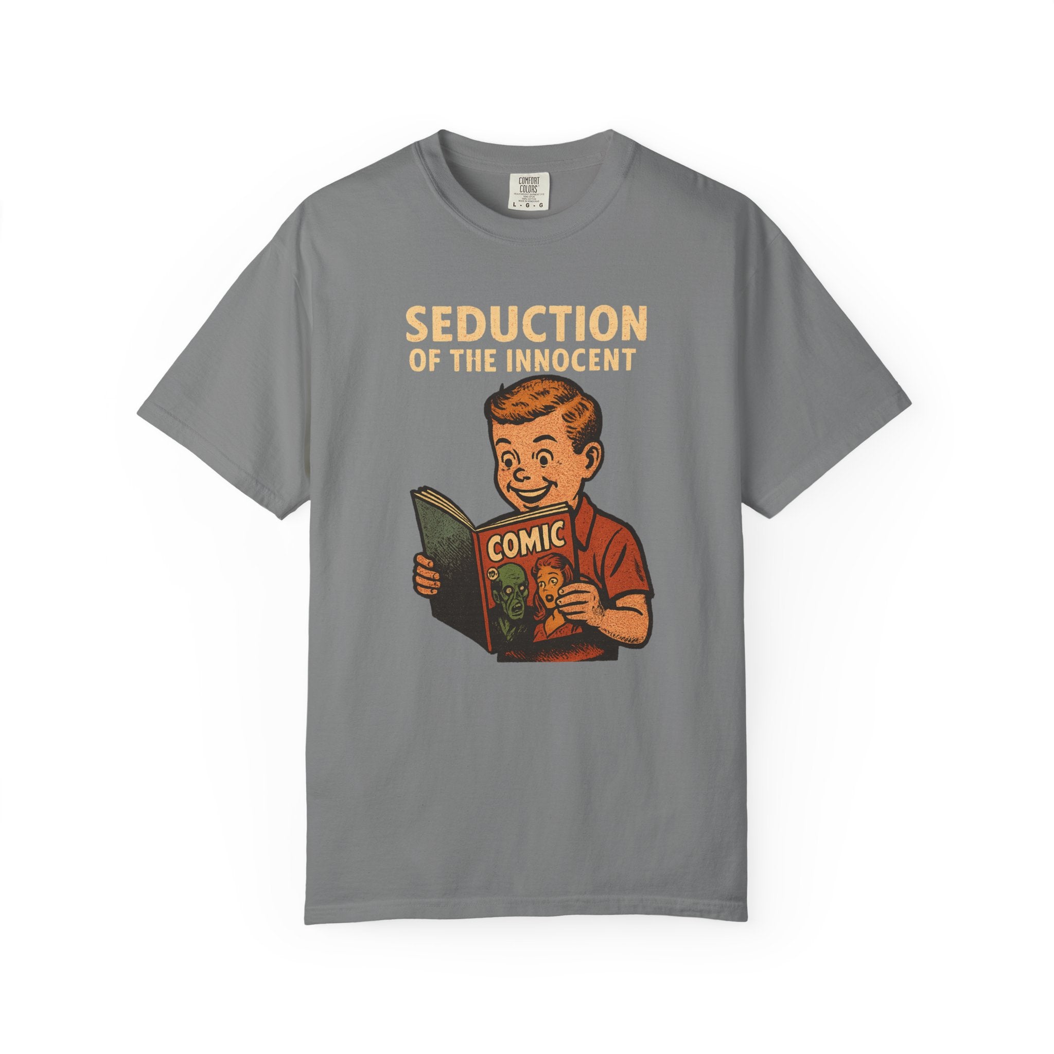 “Seduction of the Innocent” Comic Book T-Shirt – Retro Comics Censorship Parody Tee