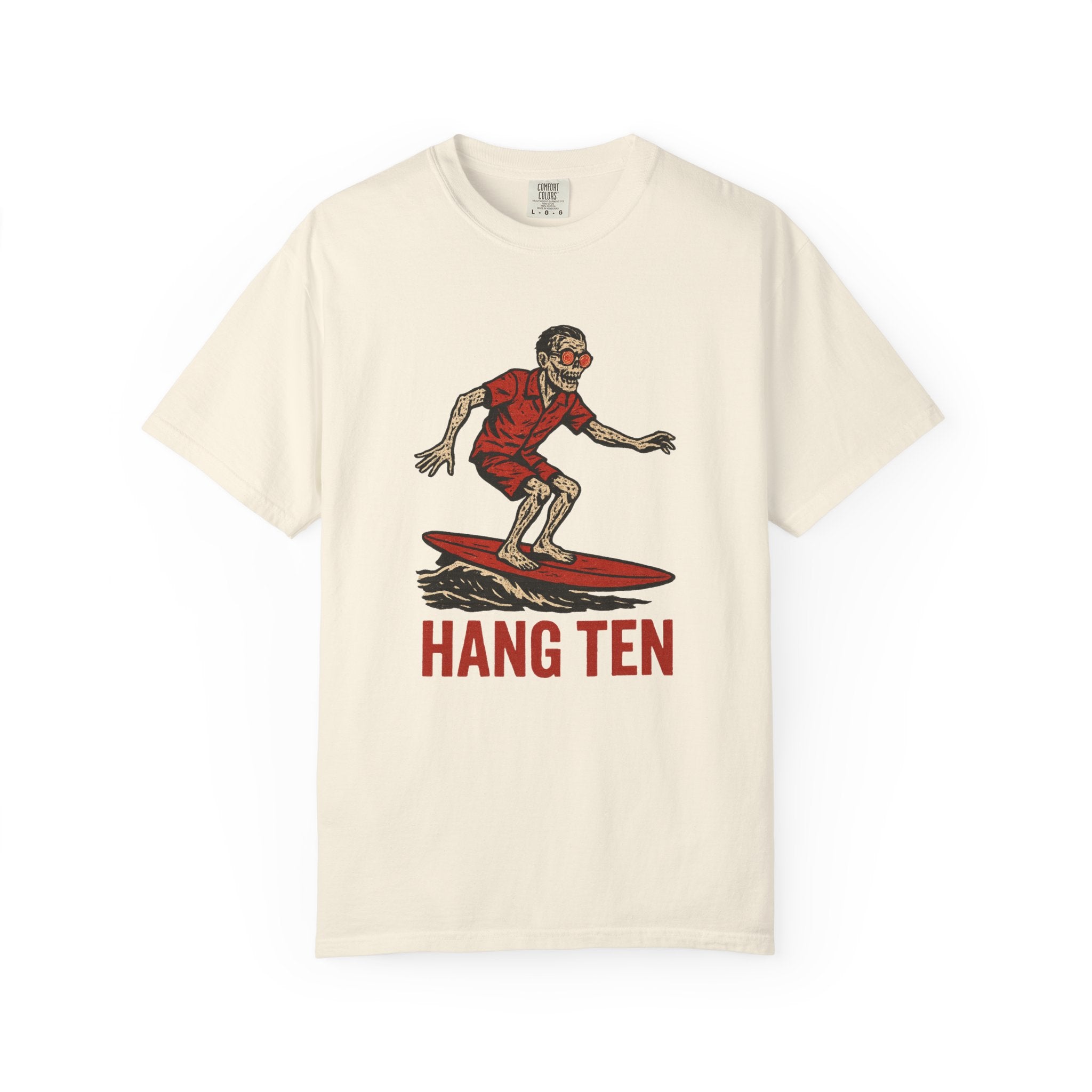“Hang Ten” Zombie Surfer T-Shirt – Retro Undead Beachwear with Apocalyptic Chill