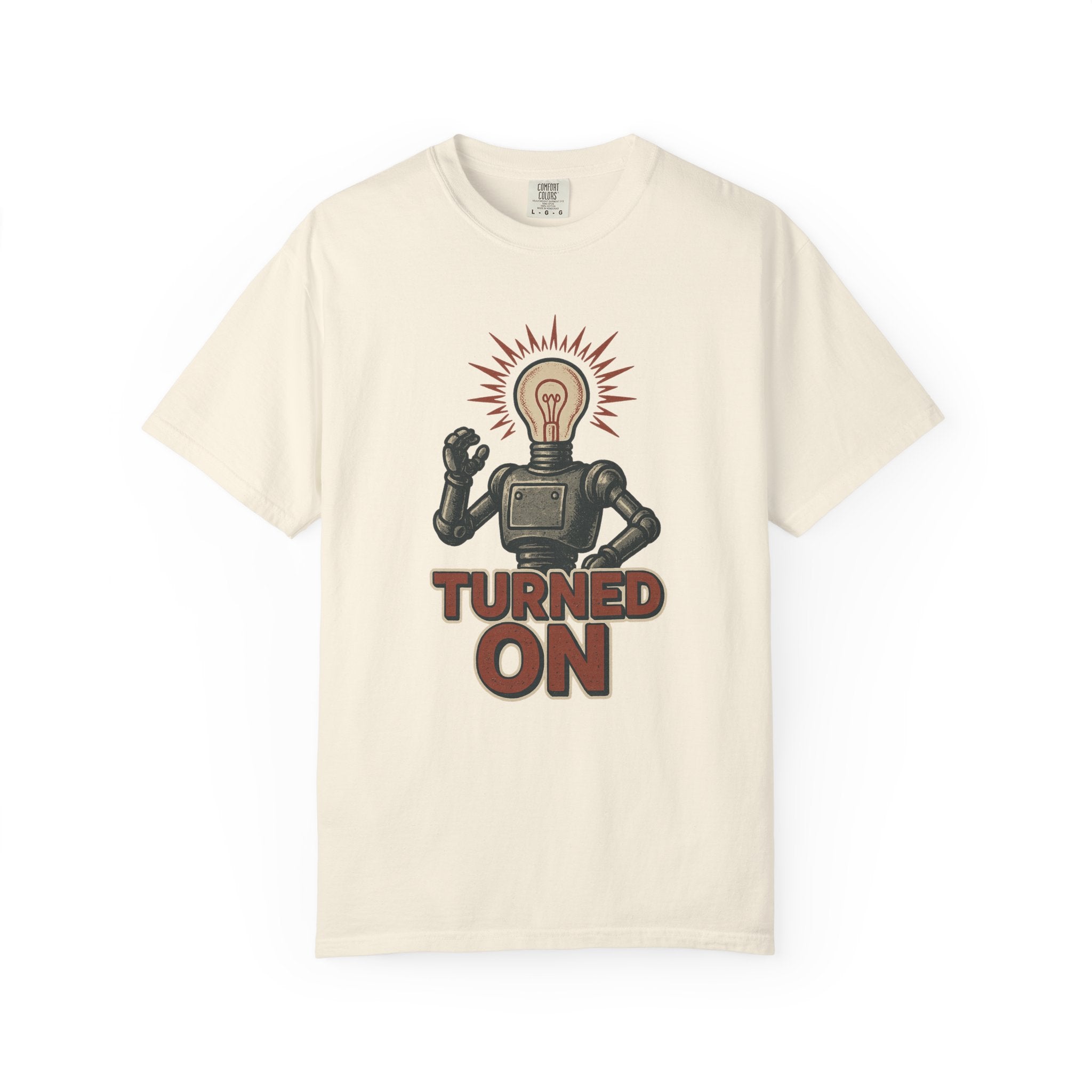 Turned On Robot T-Shirt – Retro Lightbulb Head Tee with a Double Meaning
