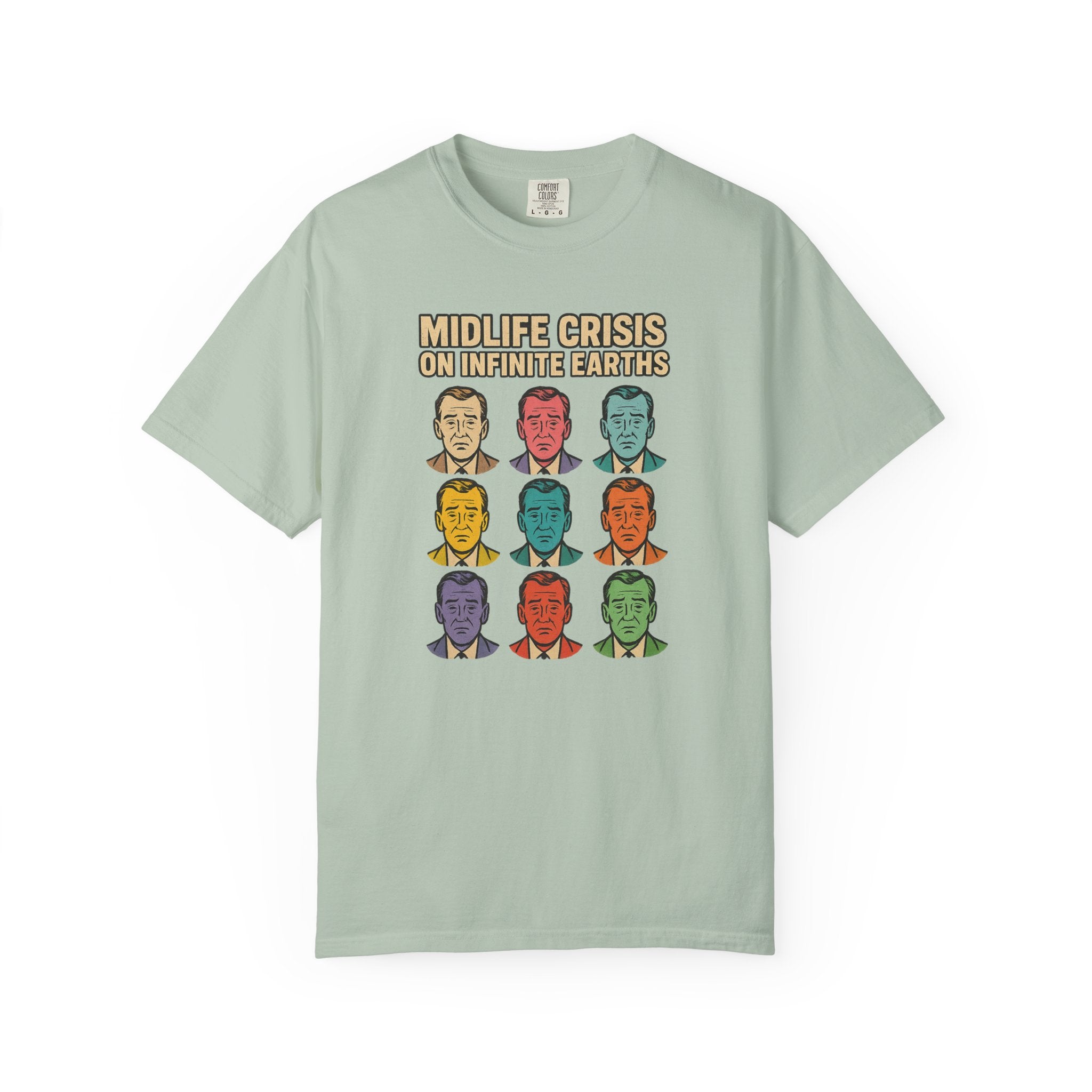 “Midlife Crisis on Infinite Earths” T-Shirt – Comic Book Parody Tee for Multiversal Burnout