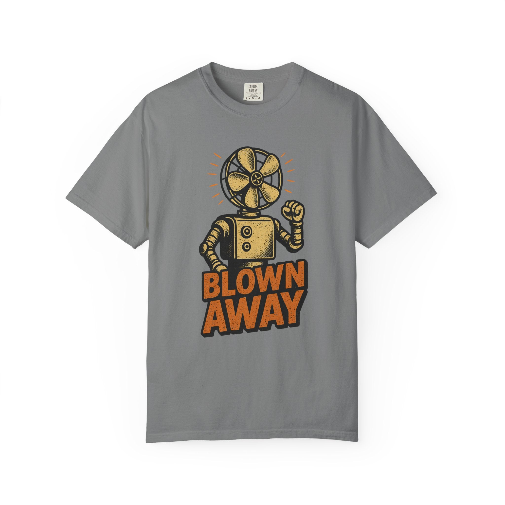 Blown Away Robot Fan Head T-Shirt – Retro Humor Tee for the Overstimulated and Overcaffeinated