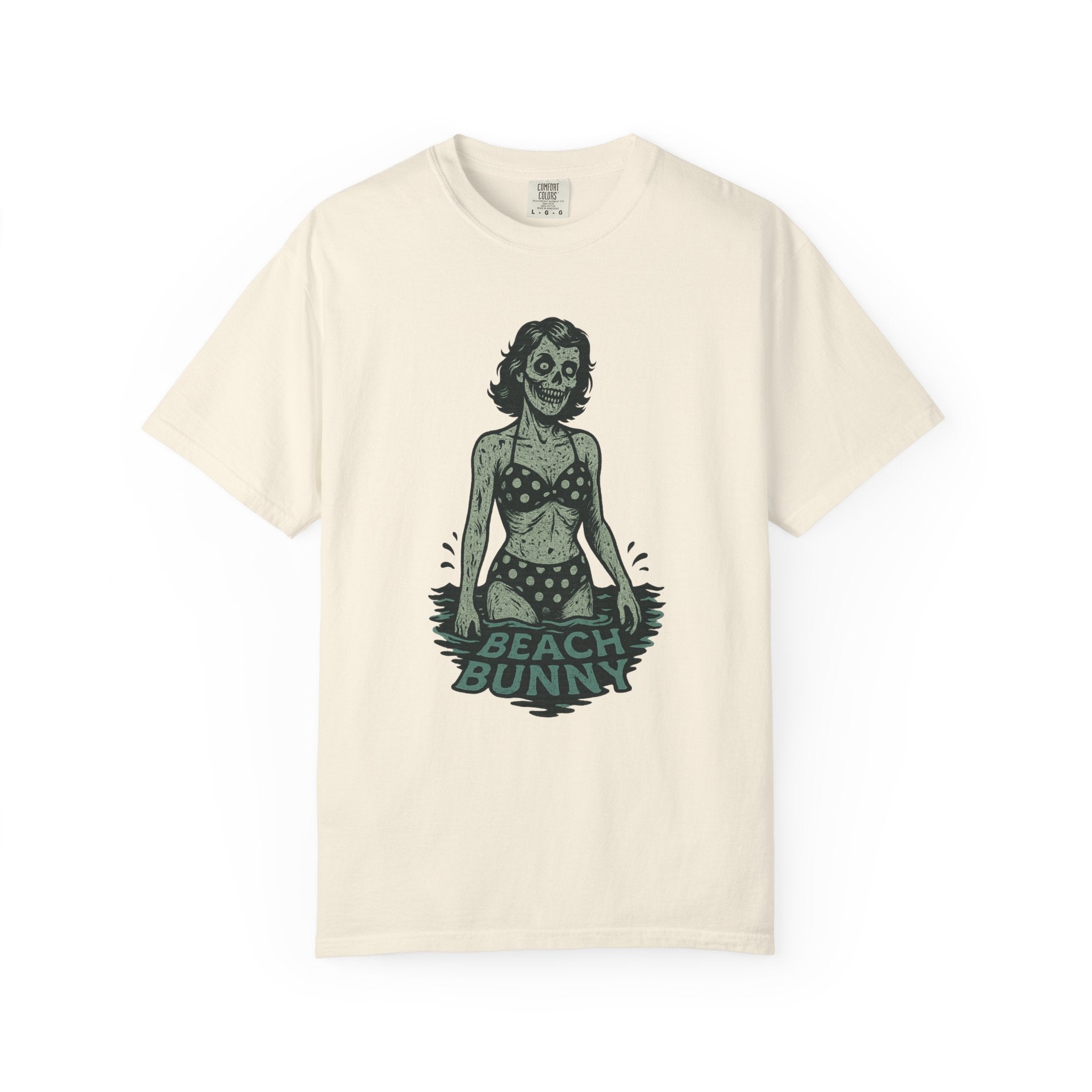 “Beach Bunny” Skeleton Swimsuit T-Shirt – Retro Pin-Up with a Deadly Twist