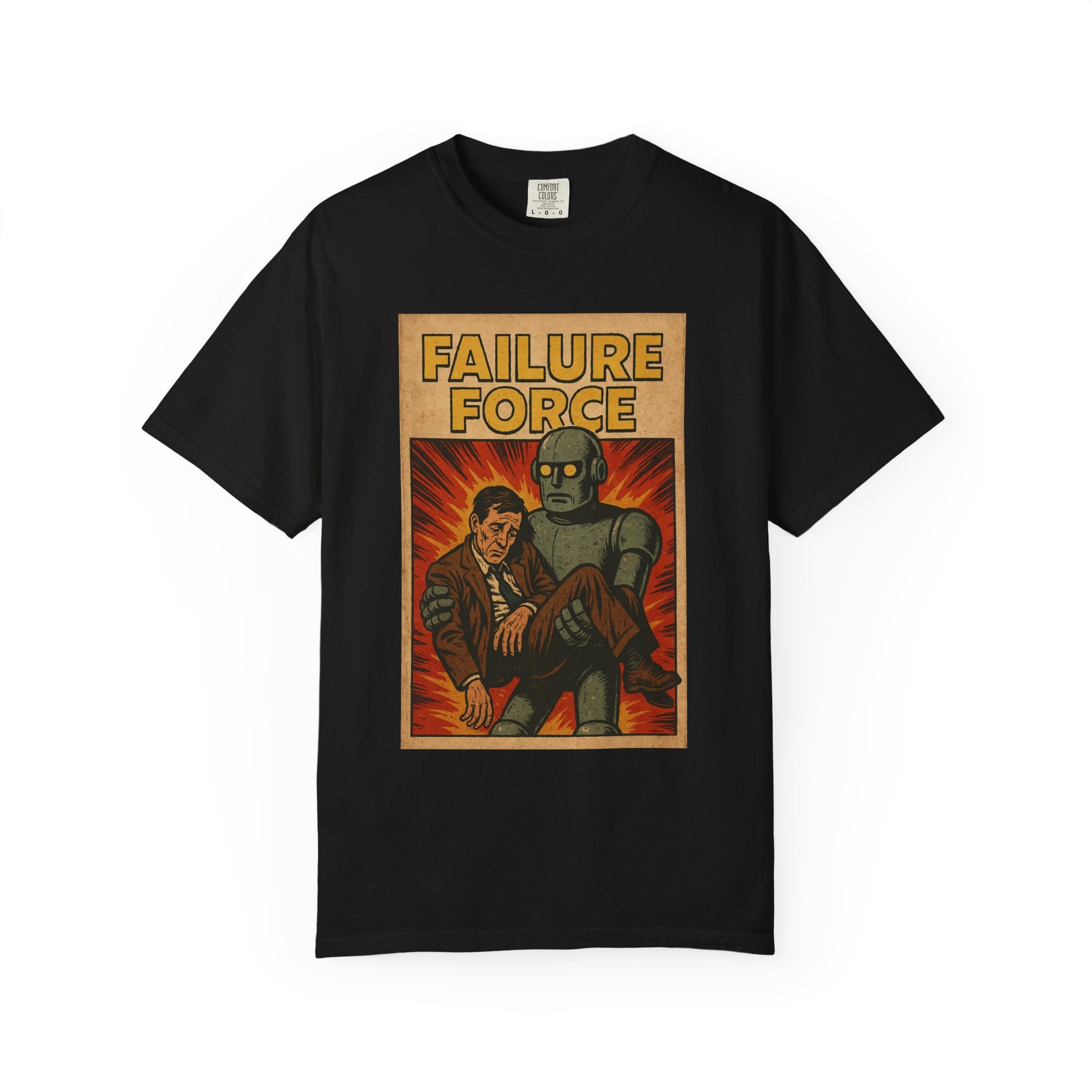 Held in the Arms of AI – Vintage Robot Rescue Comic Tee for the Technologically Defeated