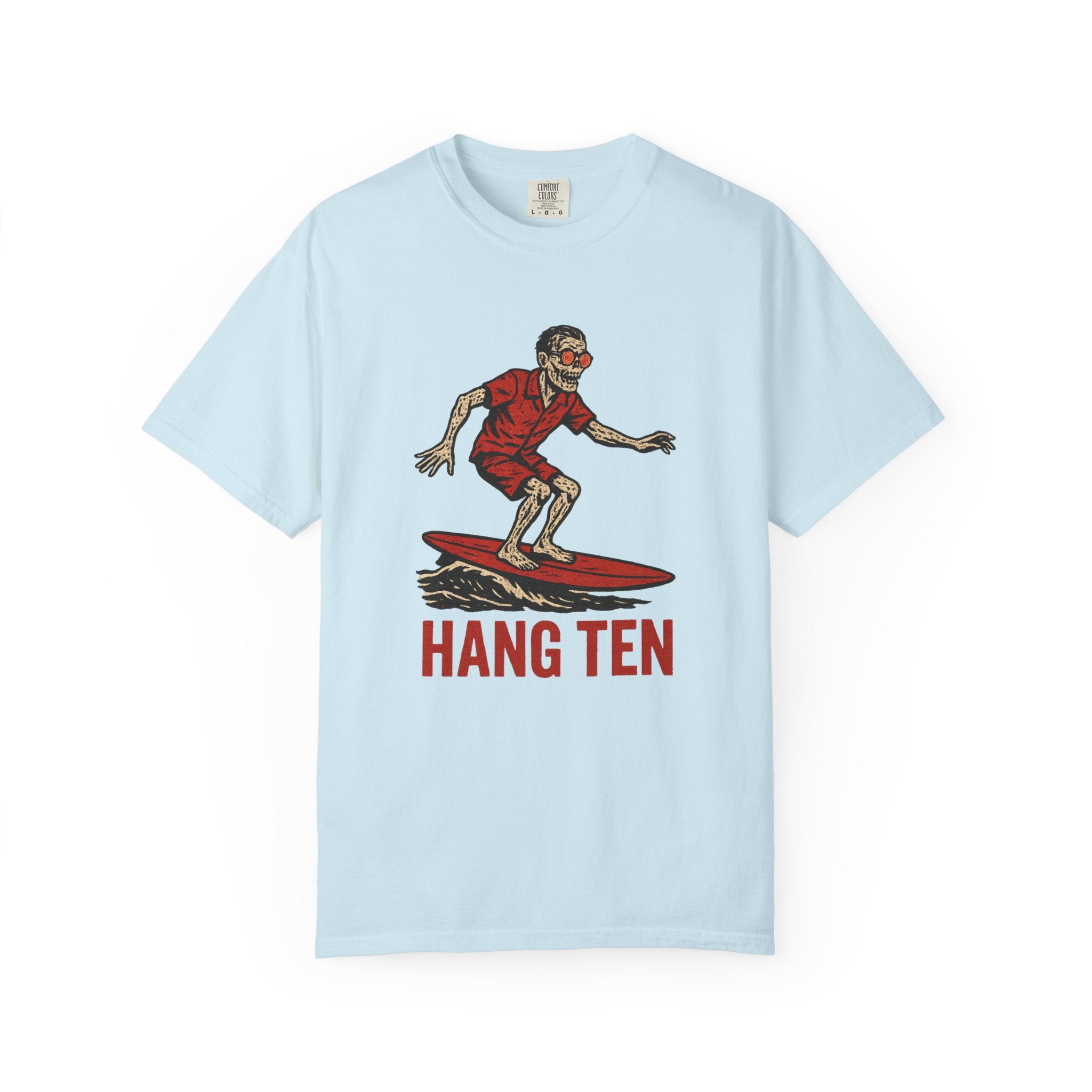“Hang Ten” Zombie Surfer T-Shirt – Retro Undead Beachwear with Apocalyptic Chill