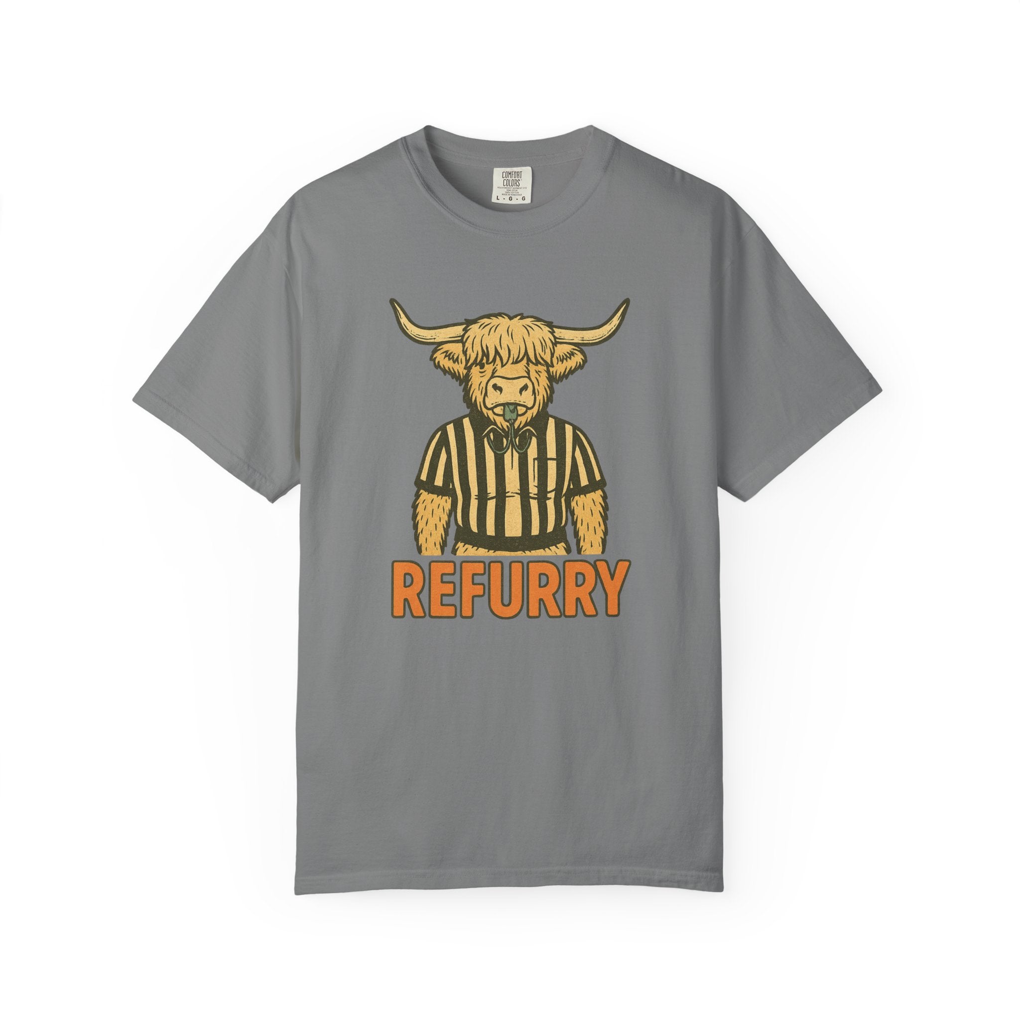 “REFURRY” Highland Cow T-Shirt – Whistle-Blowing Pun for Furries, Sports Fans & Weirdos