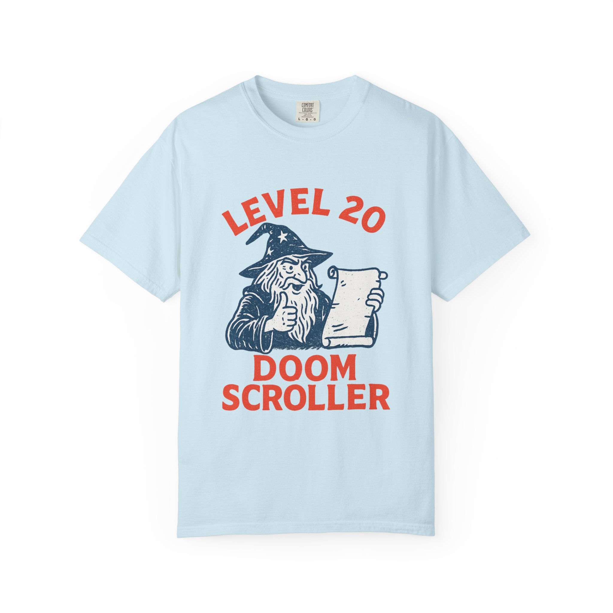 “Level 20 Doom Scroller” T-Shirt – Vintage Wizard Meme Tee for Terminally Online Sorcerers