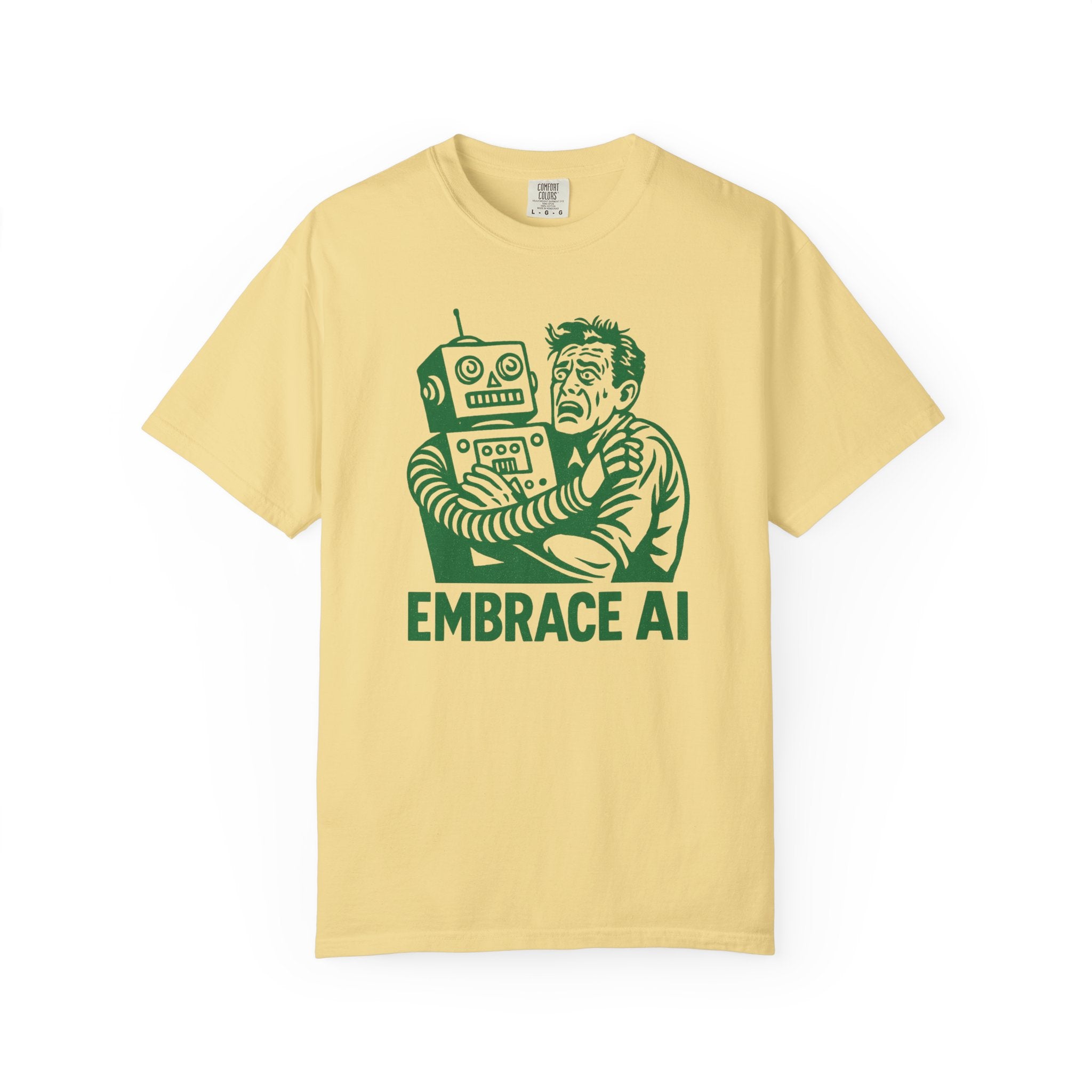 Embrace AI Retro Robot T-Shirt – Vintage Sci-Fi Humor Tee for Reluctant Technophiles