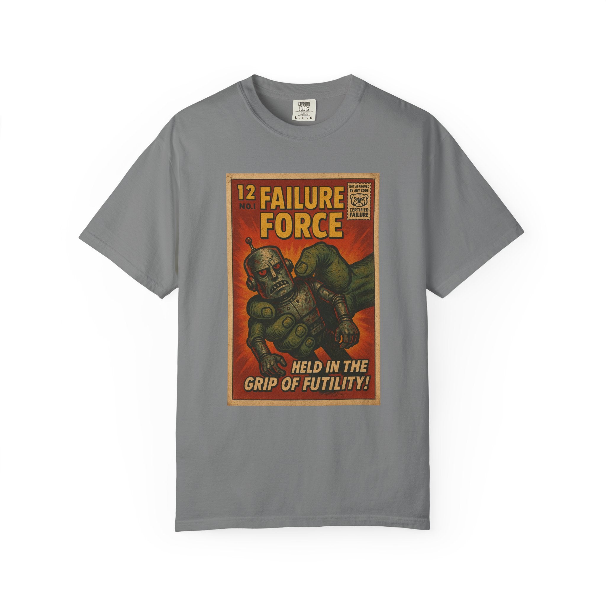 Held in the Grip of Futility! – Retro Robot Despair Comic Tee