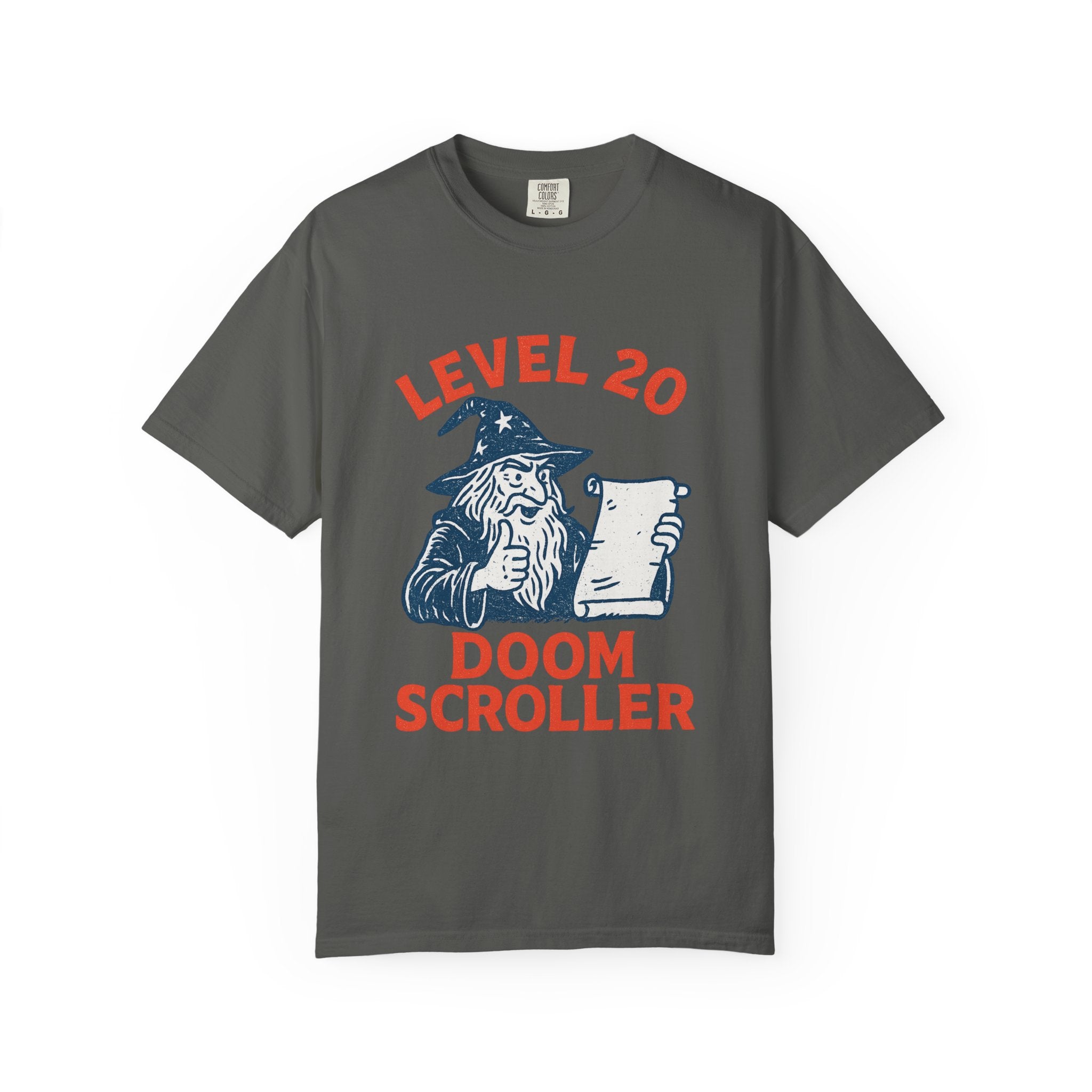 “Level 20 Doom Scroller” T-Shirt – Vintage Wizard Meme Tee for Terminally Online Sorcerers