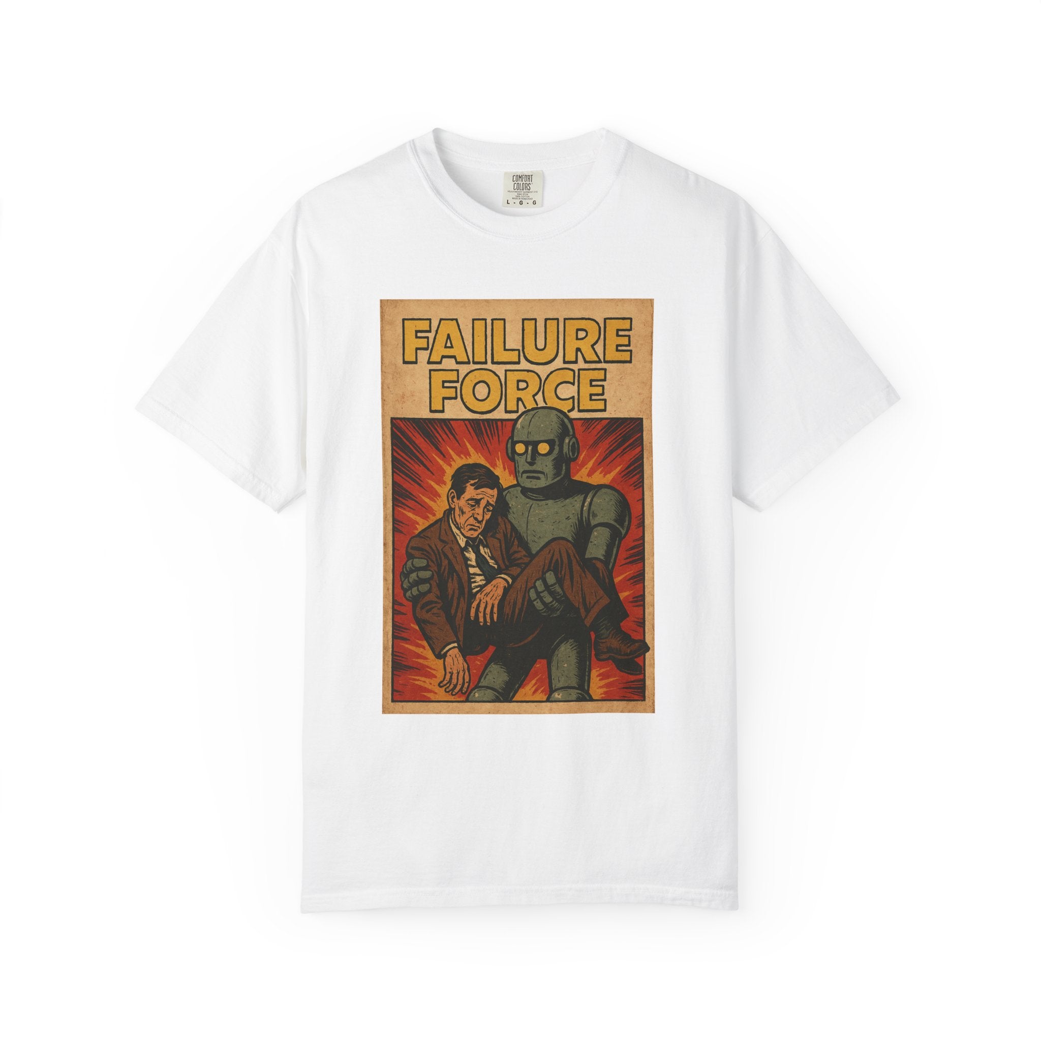 Held in the Arms of AI – Vintage Robot Rescue Comic Tee for the Technologically Defeated
