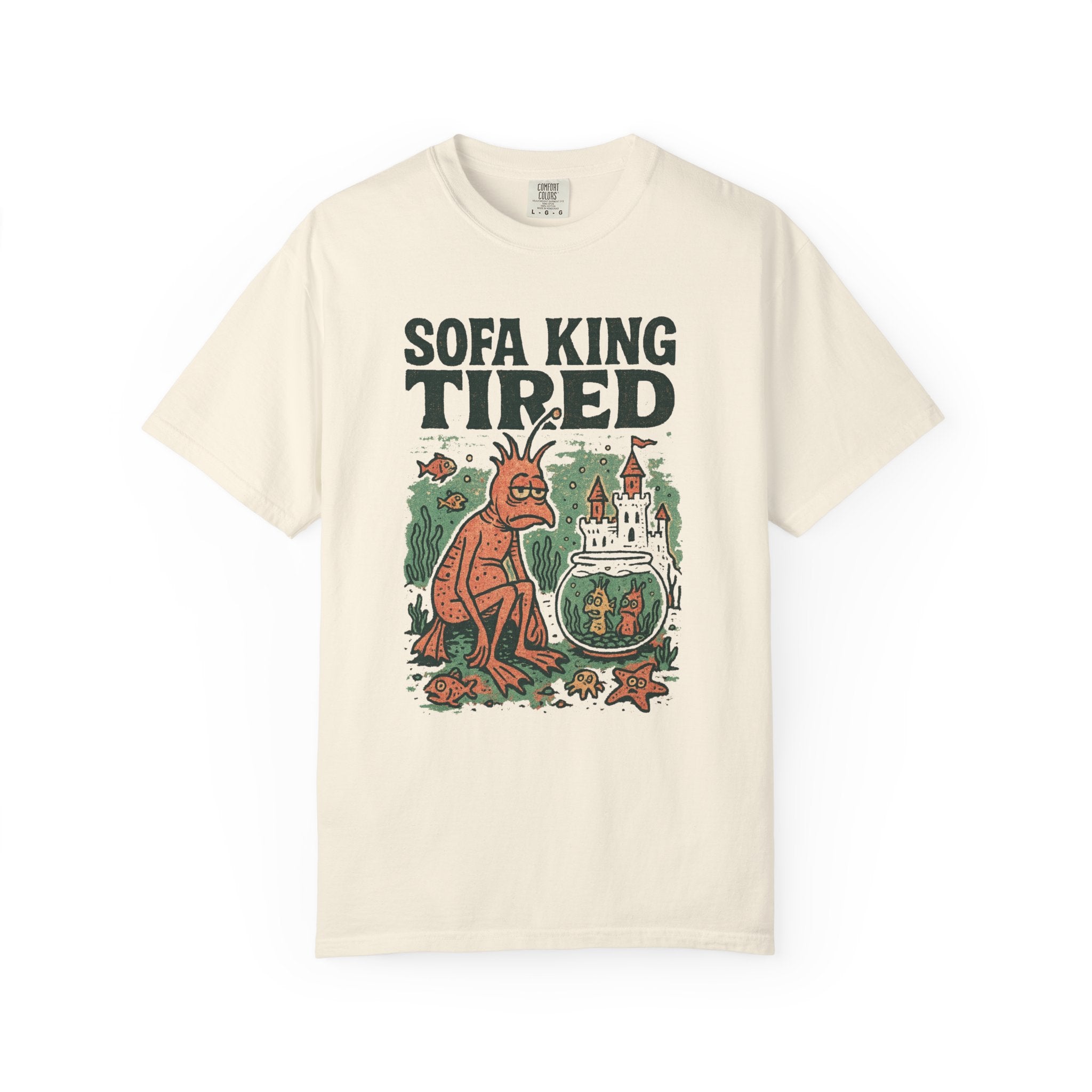 “Sofa King Tired” Retro Sea Creature T-Shirt – Vintage Sea-Monkey Style Exhaustion Parody Tee