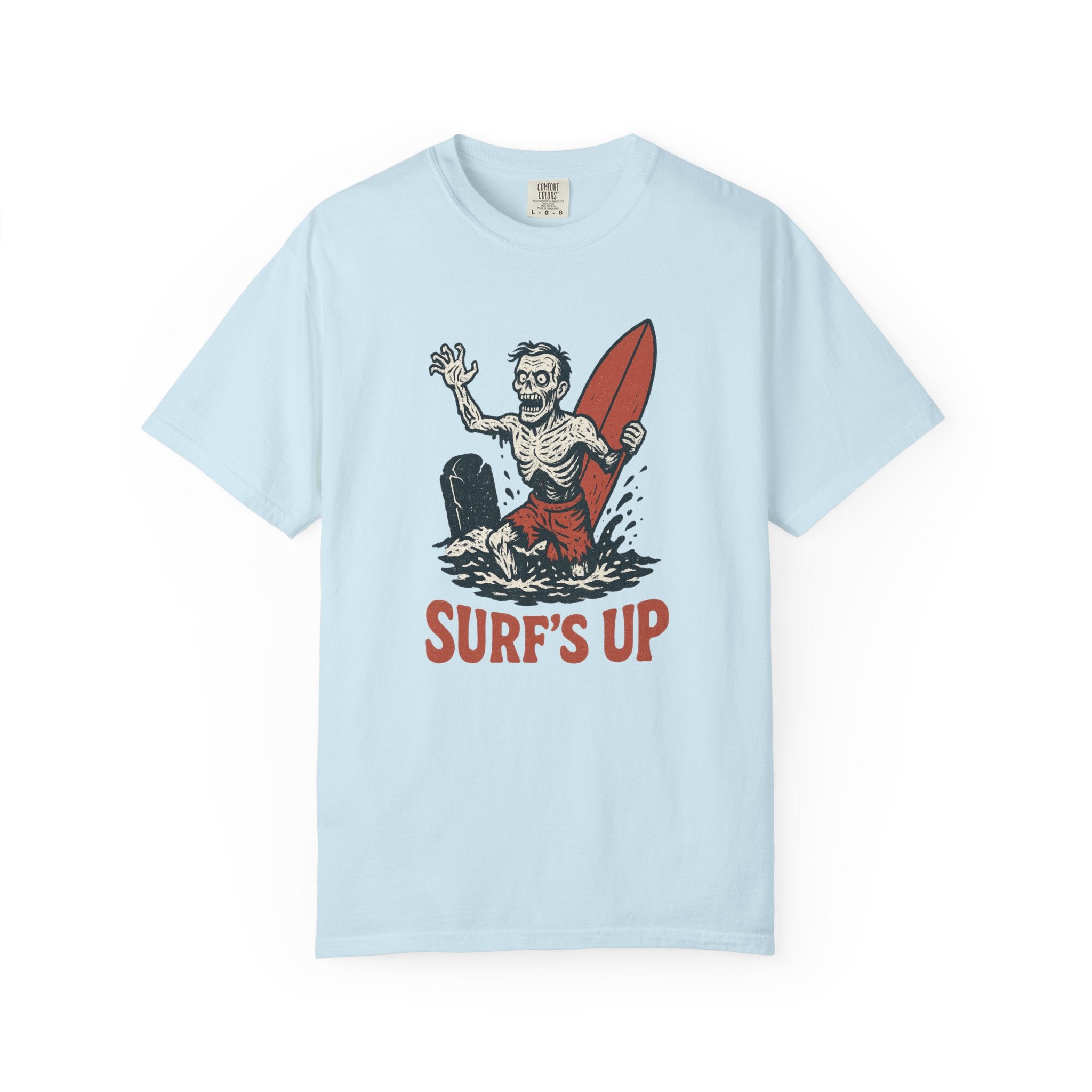 Zombie Surf's Up T-Shirt – Retro Horror Beach Graphic Tee for the Undead Enthusiast
