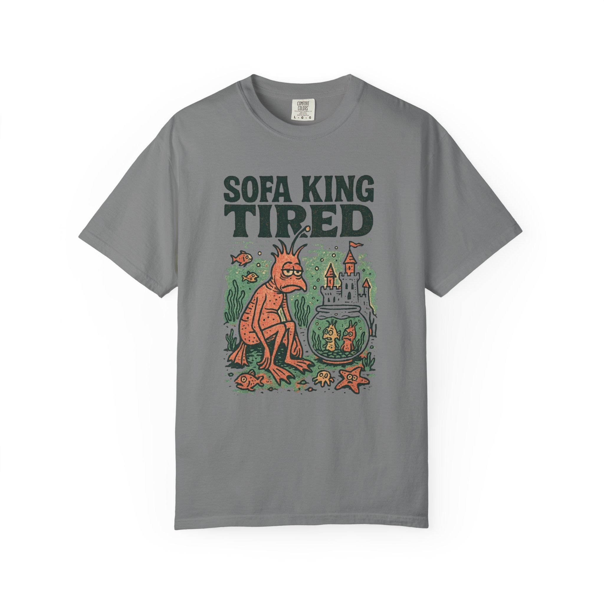 “Sofa King Tired” Retro Sea Creature T-Shirt – Vintage Sea-Monkey Style Exhaustion Parody Tee
