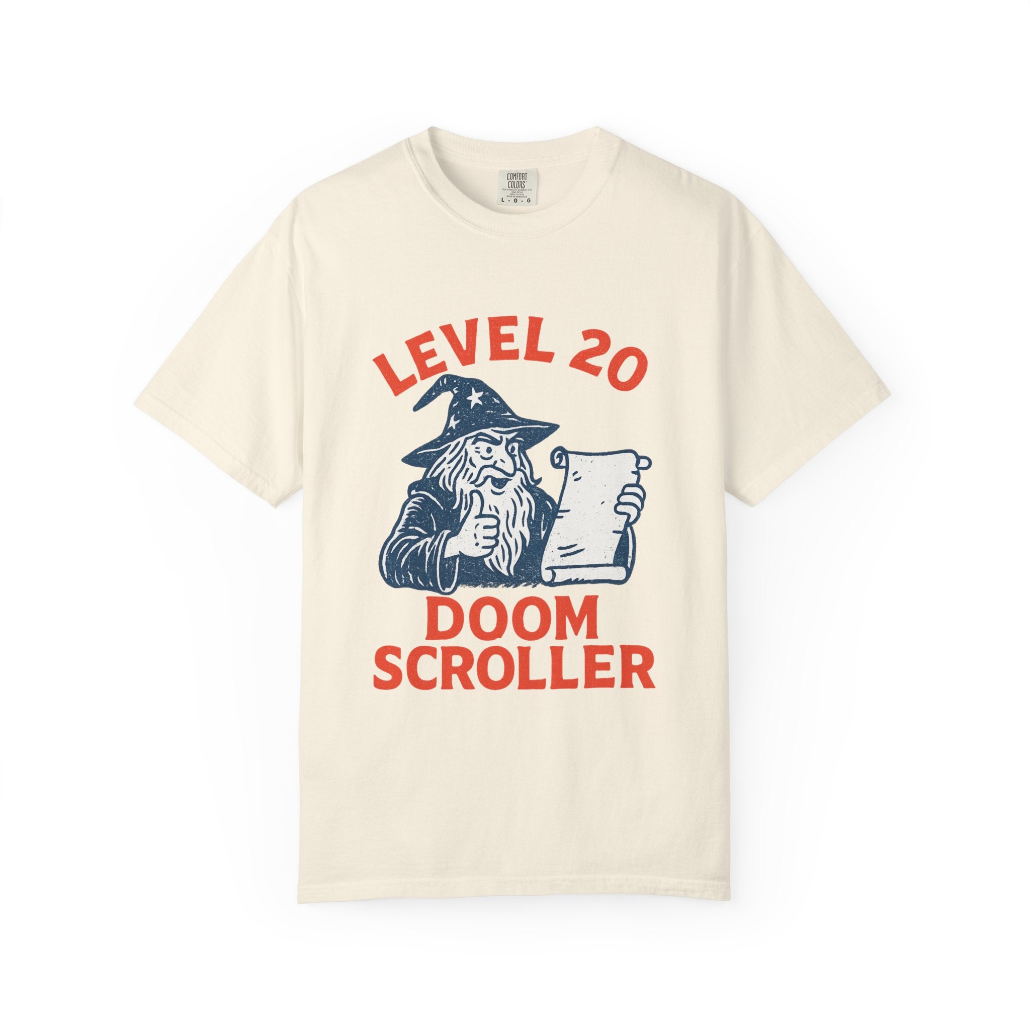 “Level 20 Doom Scroller” T-Shirt – Vintage Wizard Meme Tee for Terminally Online Sorcerers