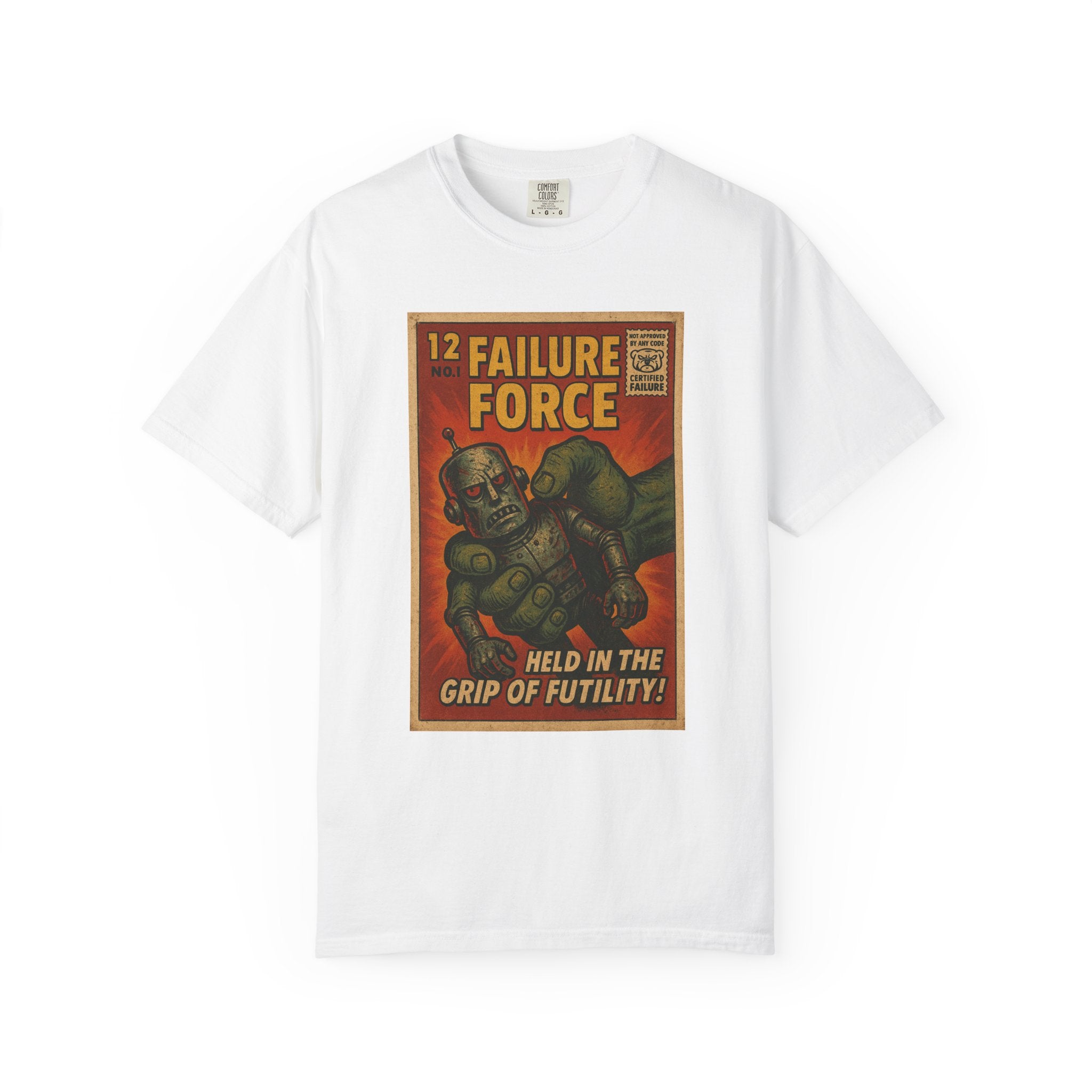 Held in the Grip of Futility! – Retro Robot Despair Comic Tee