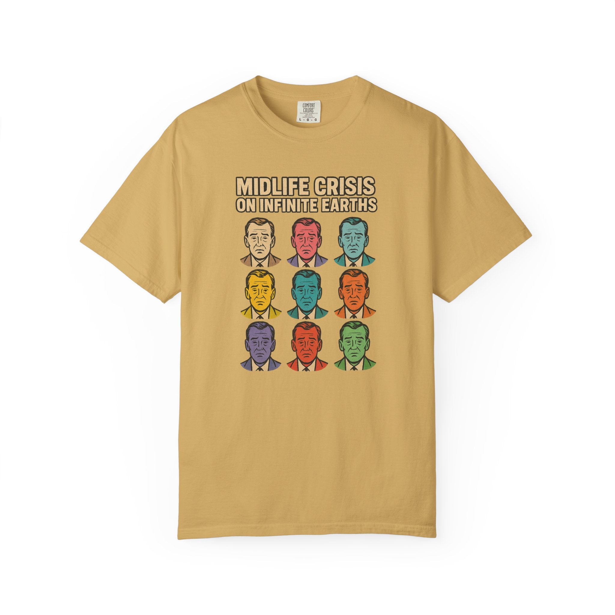 “Midlife Crisis on Infinite Earths” T-Shirt – Comic Book Parody Tee for Multiversal Burnout
