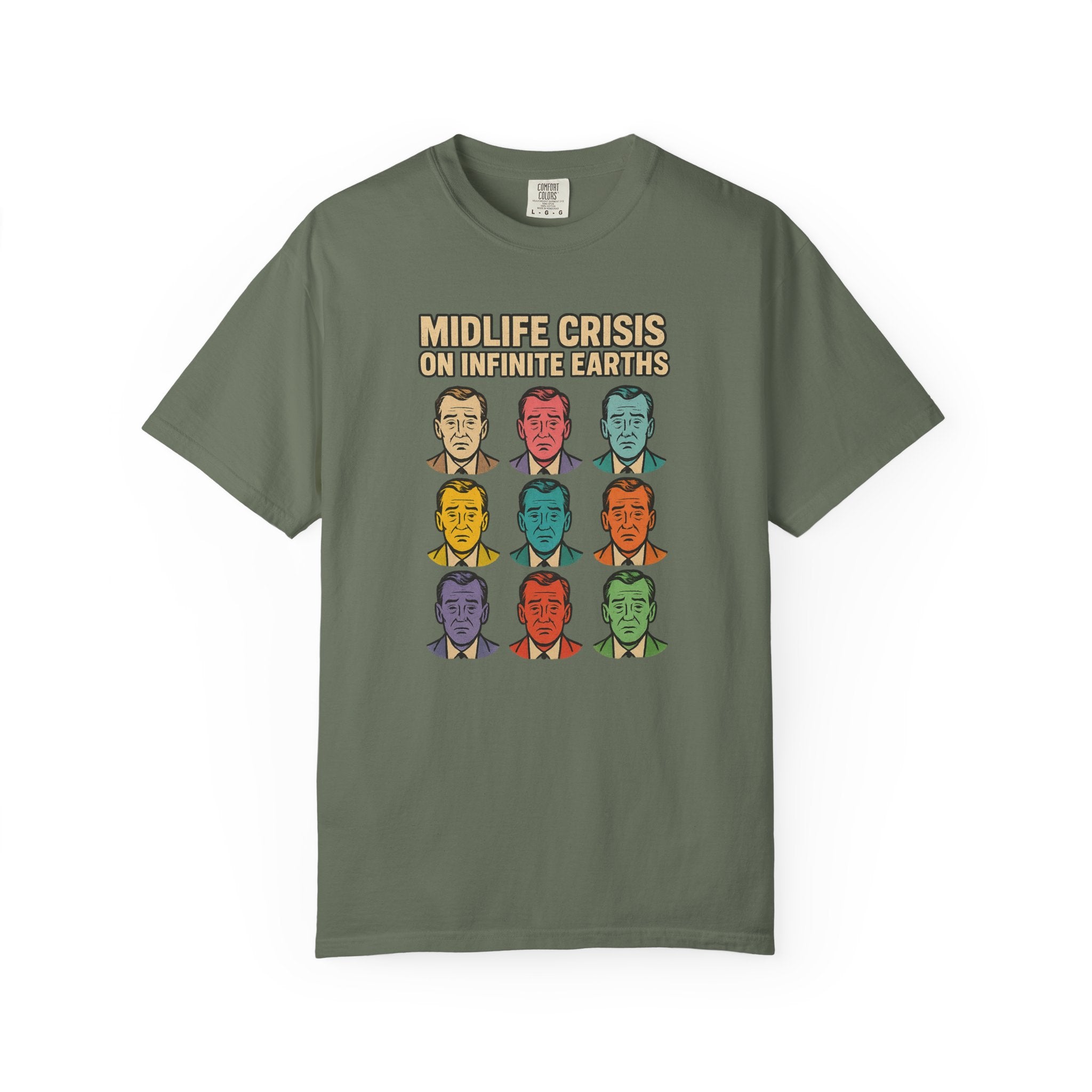 “Midlife Crisis on Infinite Earths” T-Shirt – Comic Book Parody Tee for Multiversal Burnout
