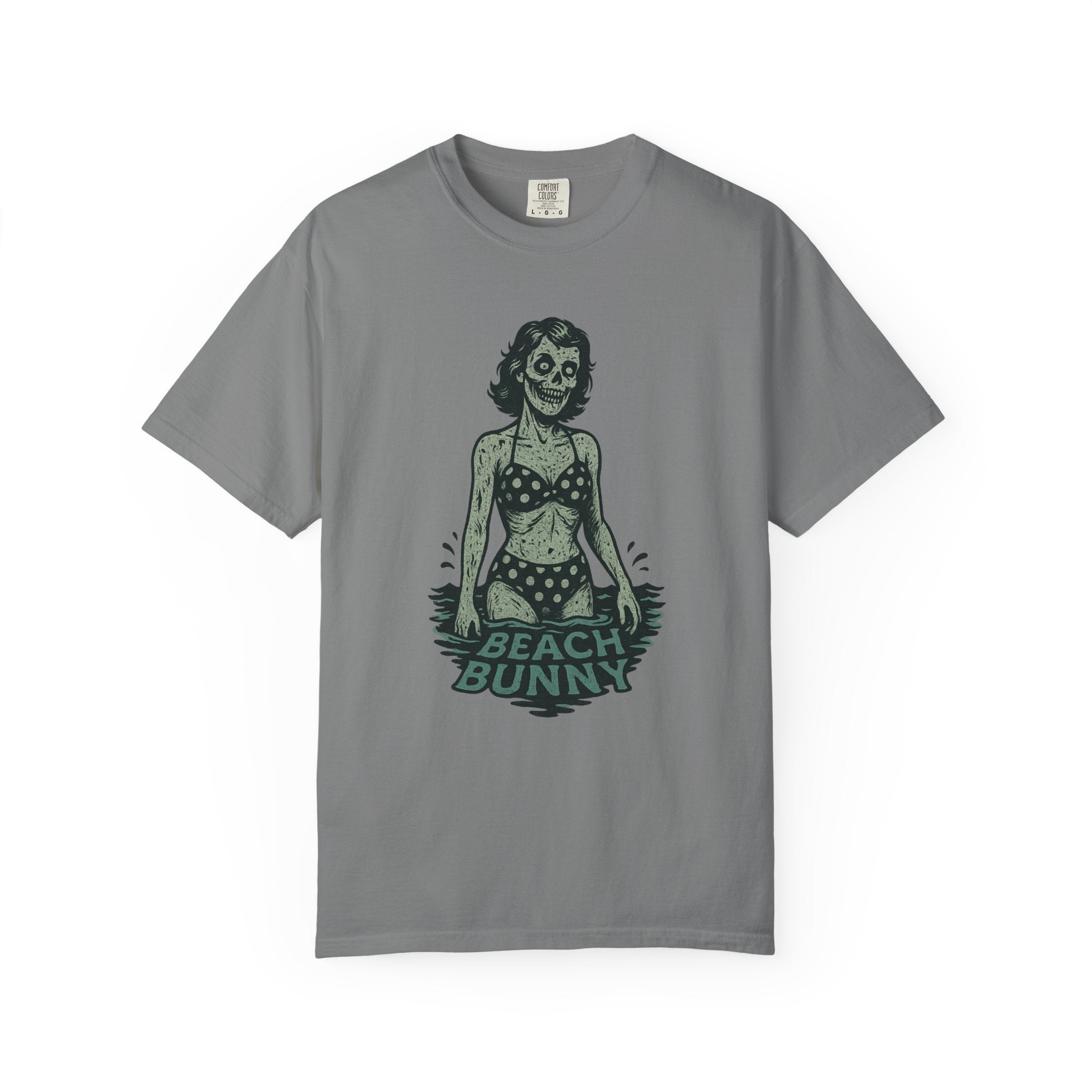 “Beach Bunny” Skeleton Swimsuit T-Shirt – Retro Pin-Up with a Deadly Twist