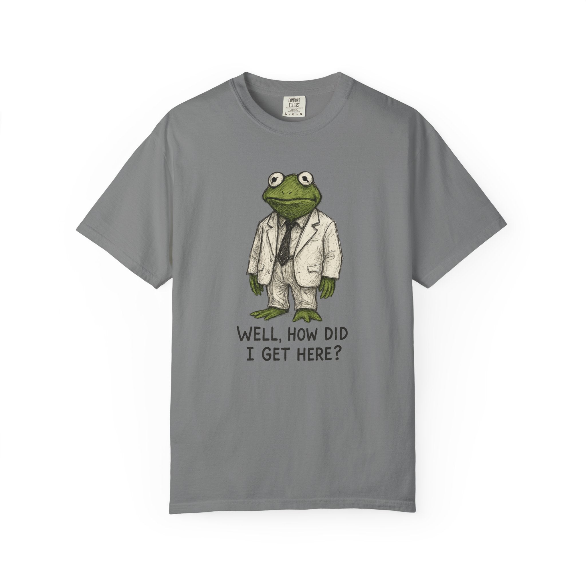 Big Suit Frog Tee – “How Did I Get Here?” Surreal Existential Shirt