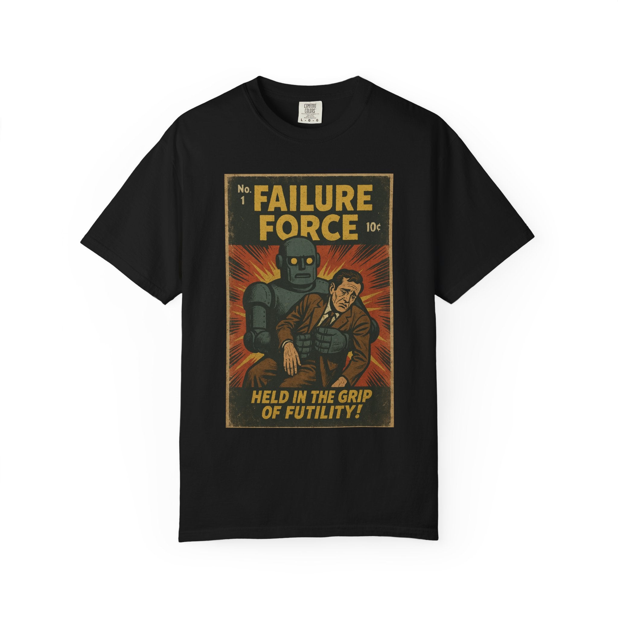 Held in the Grip of Futility! Retro Comic Tee – Vintage Robot Despair Shirt