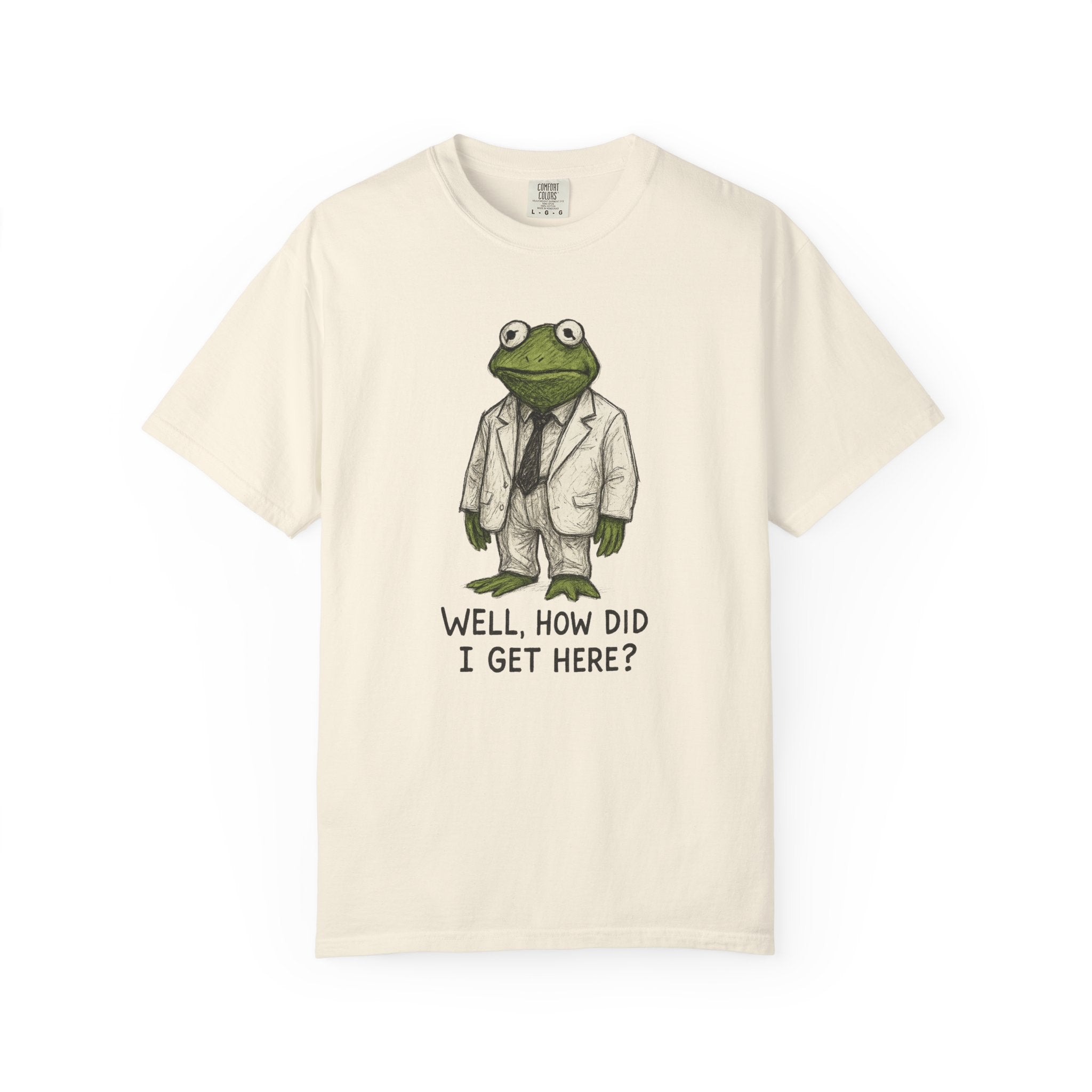 Big Suit Frog Tee – “How Did I Get Here?” Surreal Existential Shirt